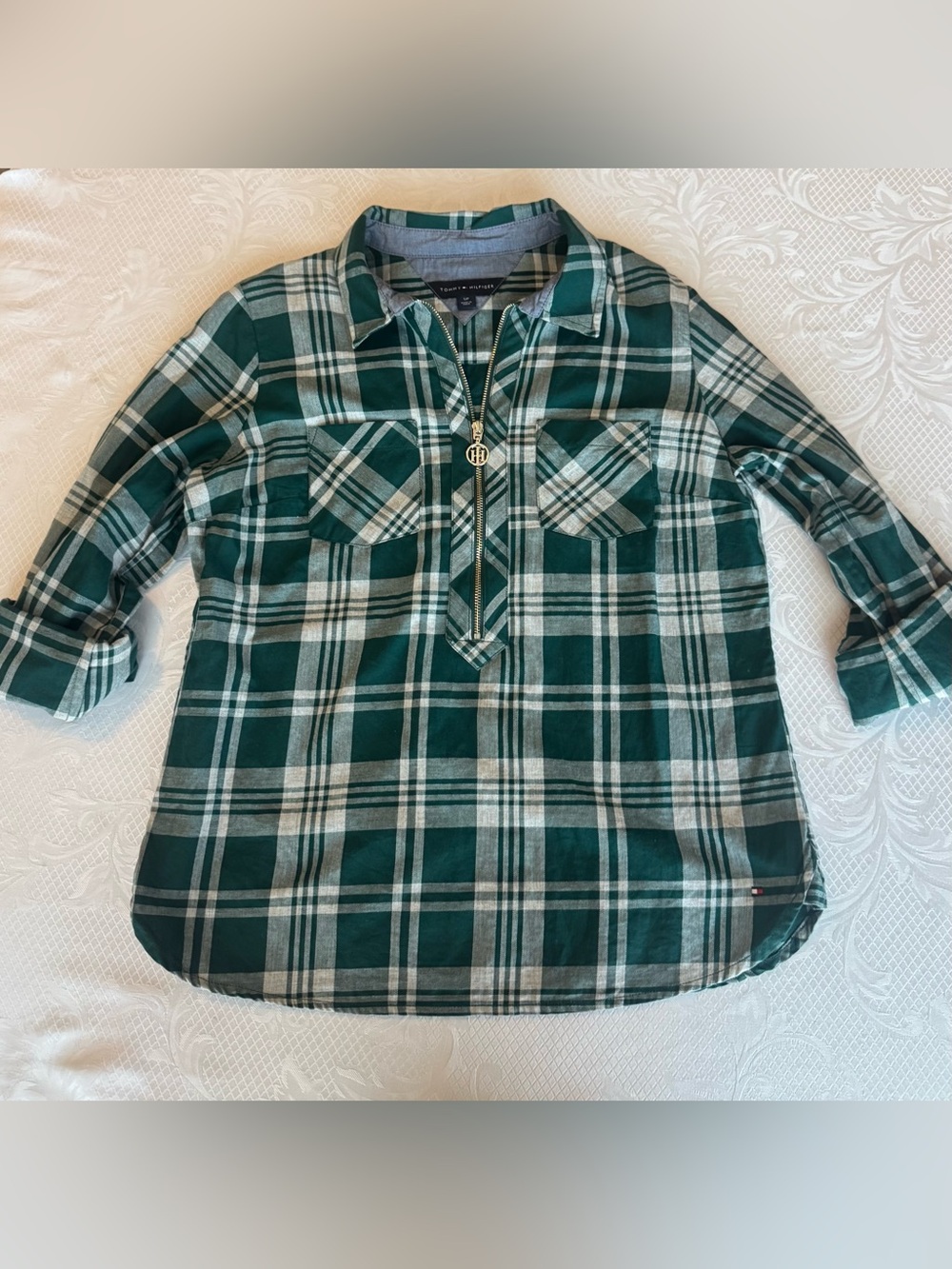 Tommy Hilfiger Green Plaid Zip-Front Shirt with Roll-Tab Sleeves